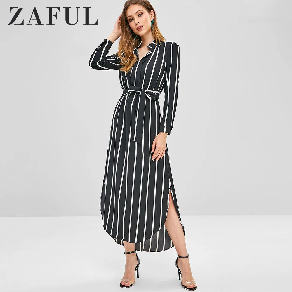 ZAFUL Полосатое Высококачественное Макси Платье с V образным Вырезом и Длинным