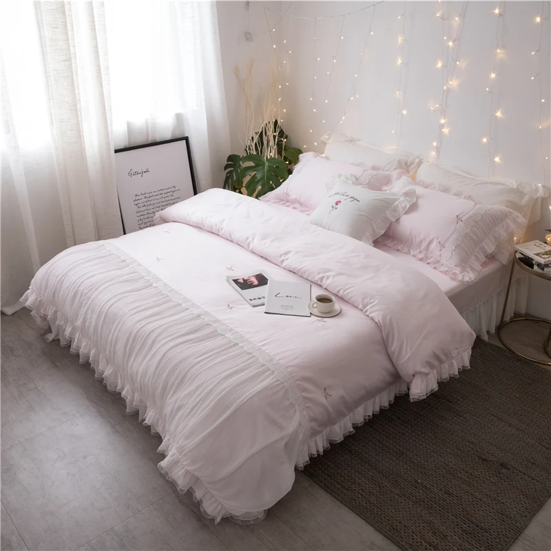 buy 4pcs luxury Egypt Cotton Princess Chiffon Bedding set Embroidery lace Duvet Cover set bed Sheet pillowcases Queen King size