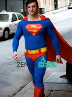 ZentaiHeroคลาสสิกชายแน่นสูทสีแดงและสีฟ้าCatsuitซูเปอร์แมนซูเปอร์ฮีโร่บอดี้สูทฮาโลวีนปาร์ตี้เครื่องแต่งกายJ Umpsuit 17041101