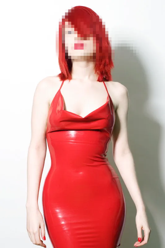 

0.4mm Latex Dress Rubber Women Red Sexy Set of neck skirts Size XXS-XXL
