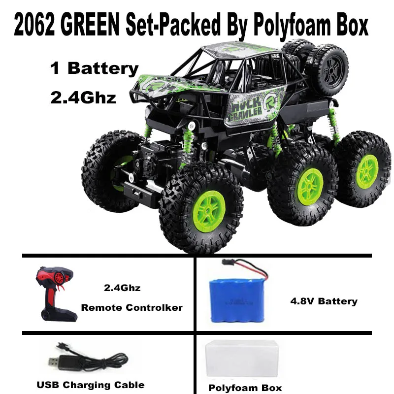 1/16 RC Car 6WD drive remote climbing car Double Motors Drive Bigfoot Cars 2.4Ghz Electric RC Toys High Speed Off-Road Vehicle - Color: 2062 green