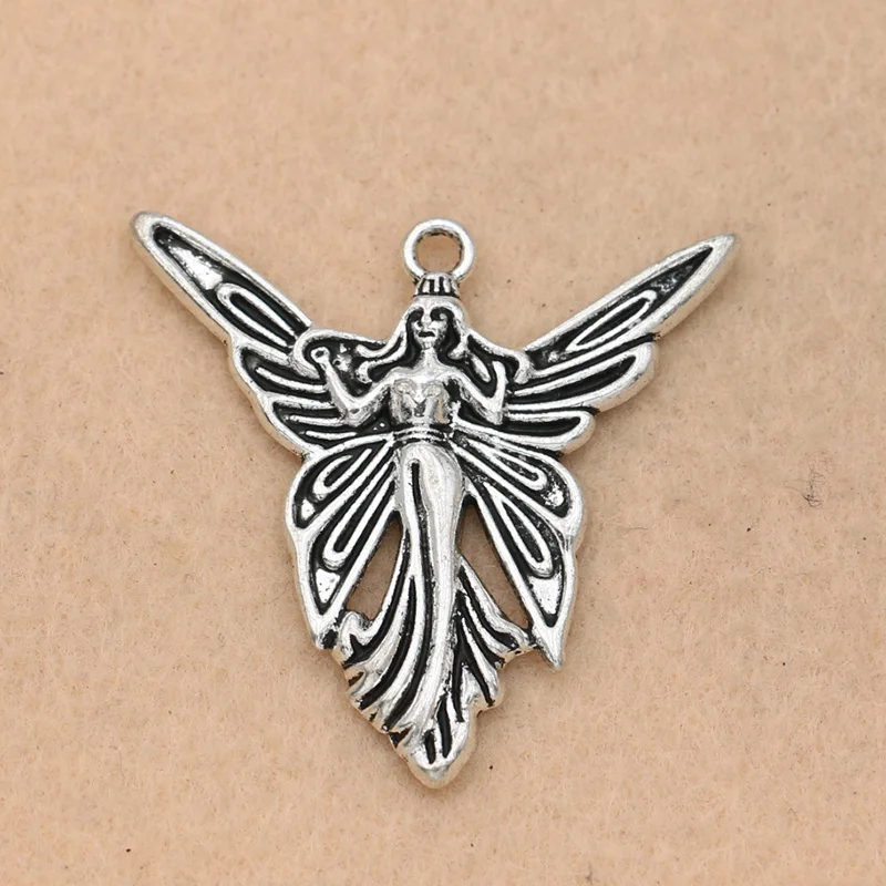 

KJjewel Antique Silver Plated Angel Charms Pendants for Jewelry Making Bracelet Accessories Diy Findings 37mm 10pcs/lot