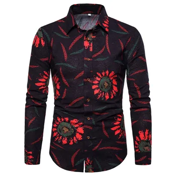 

2019 Retro Floral Printed Men Shirt Fashion Classic Mens Dress Shirts Cotton Linen Shirts Men Slim Fit Long Sleeve Chemise Homme