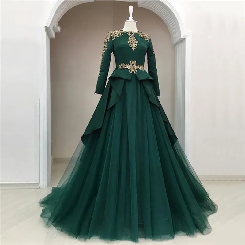 

Green Muslim Evening Dresses 2019 A-line Long Sleeves Tulle Lace Crystals Islamic Dubai Saudi Arabic Long Elegant Evening Gown