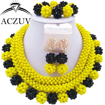 

Women Jewelry Set Black and Yellow African Wedding Beads Crystal Necklace AN012