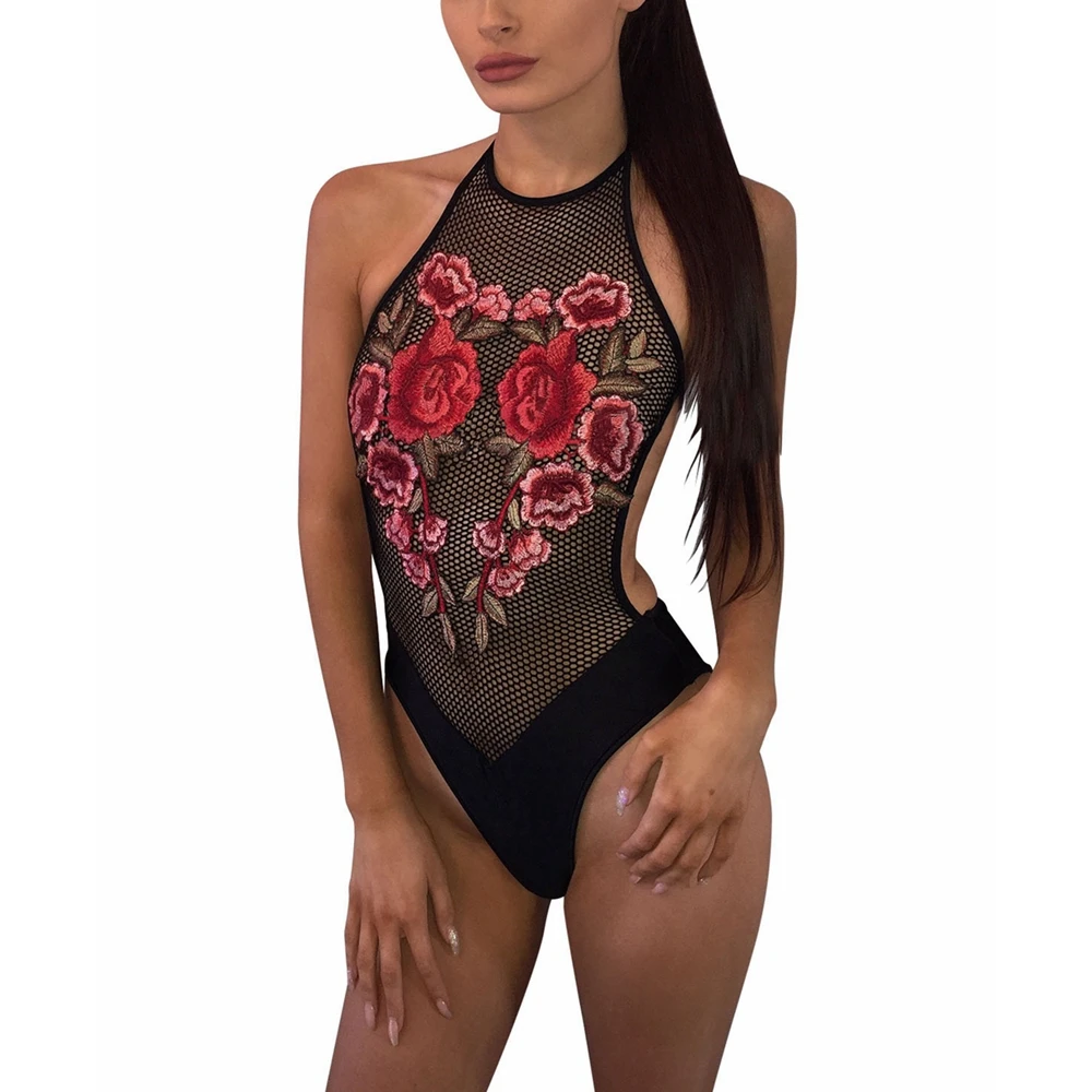 flower embroidery mesh halter monokini