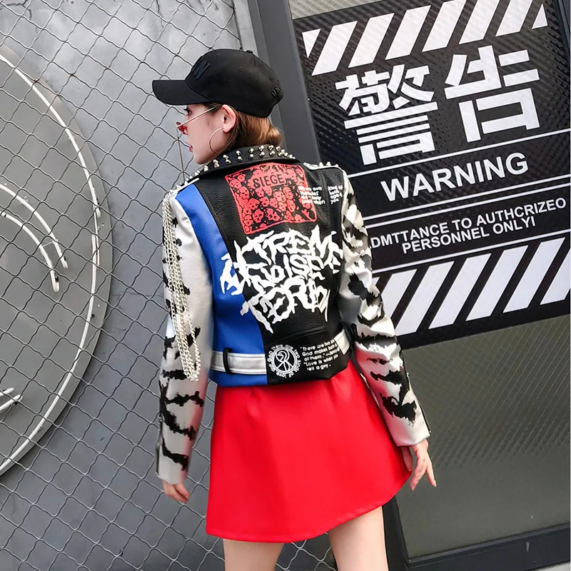 TREND-Setter 2018 Autumn Fashion Rivet Leather Jacket Women Spring Punk Style Letter Printing Chains Jacket and Coat TREND-Setter 2018 Autumn Fashion Rivet Leather Jacket Women Spring Punk Style Letter Printing Chains Jacket and Coat