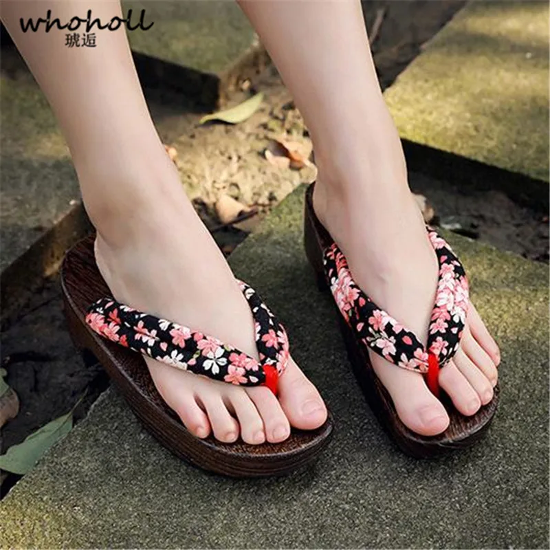 

WHOHOLL Women Sandals Japanese Geta Clogs Anime Comiket Coser Women Wooden Flip-flops Female Wedge Sandals Antiskid Shoes