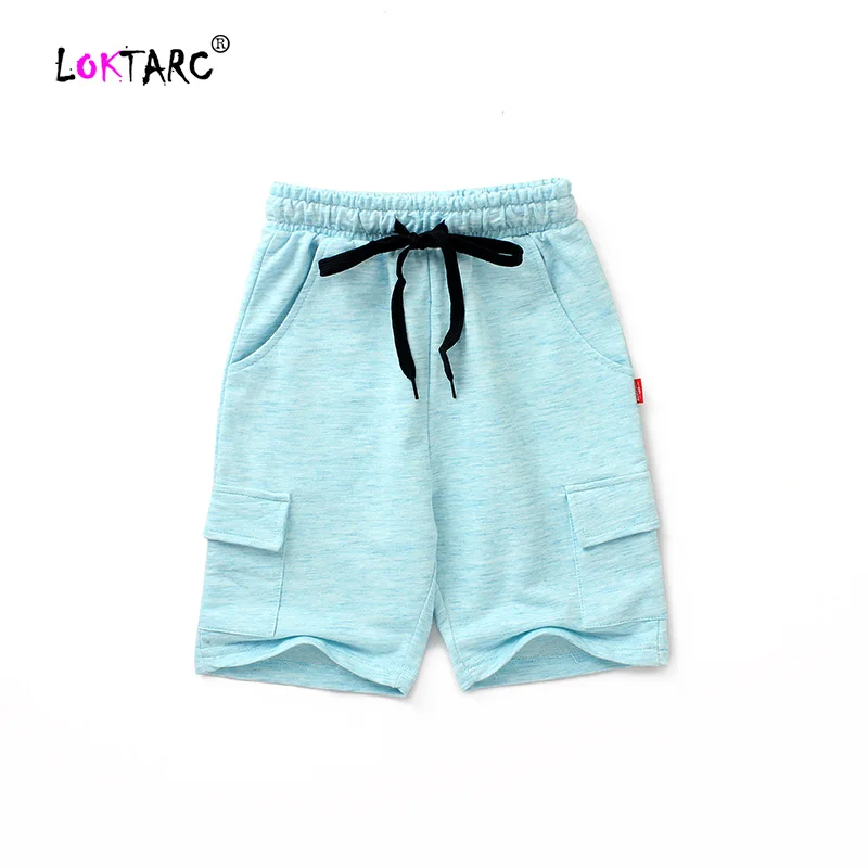 Light Blue LOKTARC/летние шорты для мальчиков, мешковатые детские шорты с завязками, повседневные однотонные шорты с эластичной резинкой на талии для маленьких мальчиков, хлопковые шорты Broek - Цвет: Light Blue