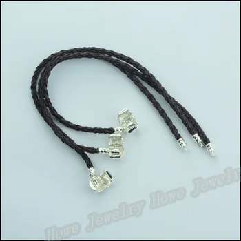 

15 pcs vintage High quality Brown color PU leather chain and copper clip charms bead fit European style charms bracelet