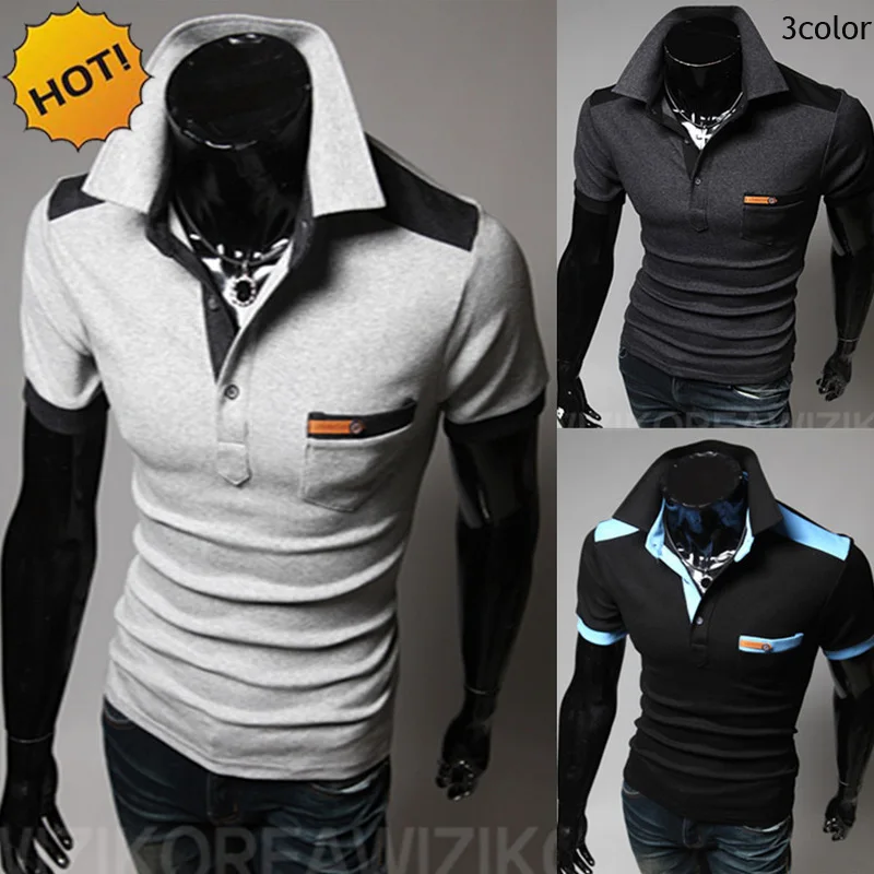 

New 2016 Summer Handsome Men Matching Patchwork Short Sleeve POLO Shirt male Men's Skinny England Style front Pocket