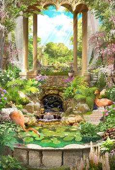 

Laeacco Romantic Blooming Garden Arch Aazebo Pond Flamingo Photography Backgrounds Vinyl Custom Backdrops Props For Photo Studio
