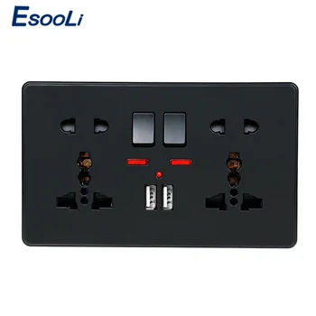 

Esooli Wall Power Socket Double Universal 5 Hole Switched Outlet With Neon 2.1A Dual USB Charger Port LED indicator Black