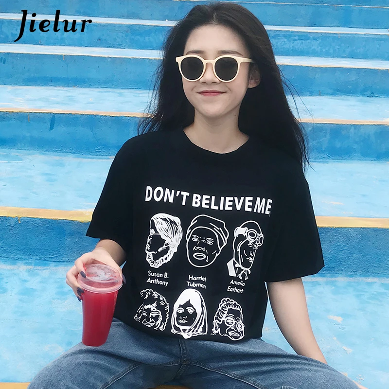 Jielur прохладный личность футболка для женщин Письмо характер черный белый цвет