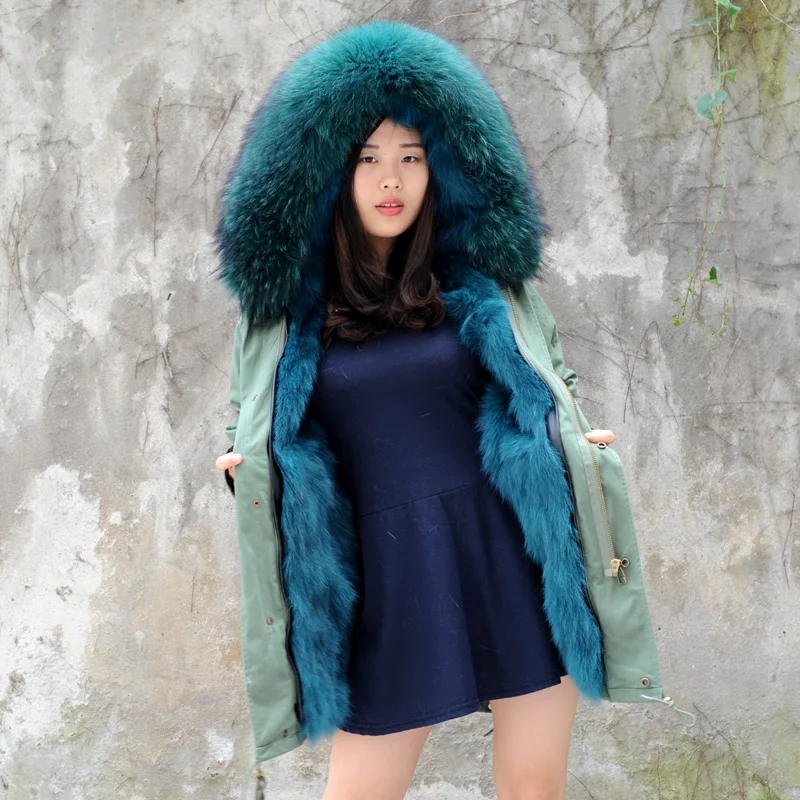 

CX-G-P-12D Women's Army green Large Raccoon Fur Collar Hooded Fashion Lady Long Coat Parkas Outwear Faux Fur Lining Winter