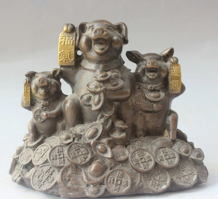 

5" Chinese Feng Shui Bronze Gild Wealth Zodiac Year Three Pig Statue Sculpture