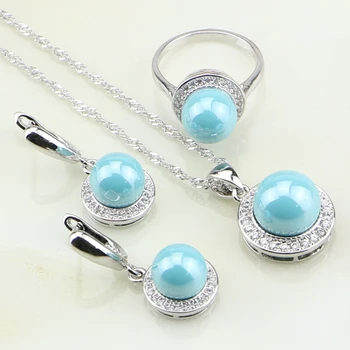 

Round Sky Blue Pearl White CZ 925 Sterling Silver Jewelry Set Gift For Women Wedding Earrings/Ring/Pendant/Necklace