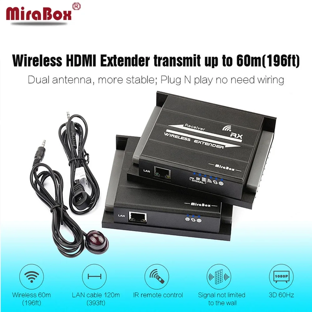 

MiraBox 1080P@60Hz IR Wireless HDMI Extender Wireless Transmit 30m 98ft Lan Cable Transmit 120m 393ft Wireless HDMI TX RX