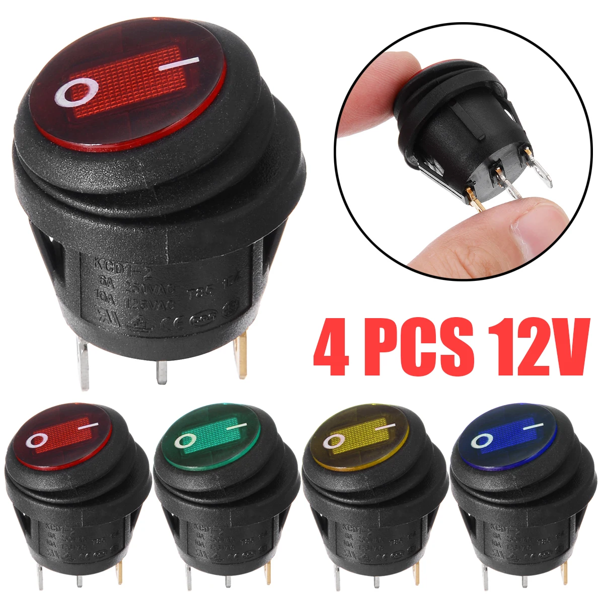 4Pcs Small Round Boat Rocker Switches Round Green Orange Blue Red 3 Pin ON-OFF Rocker Switch