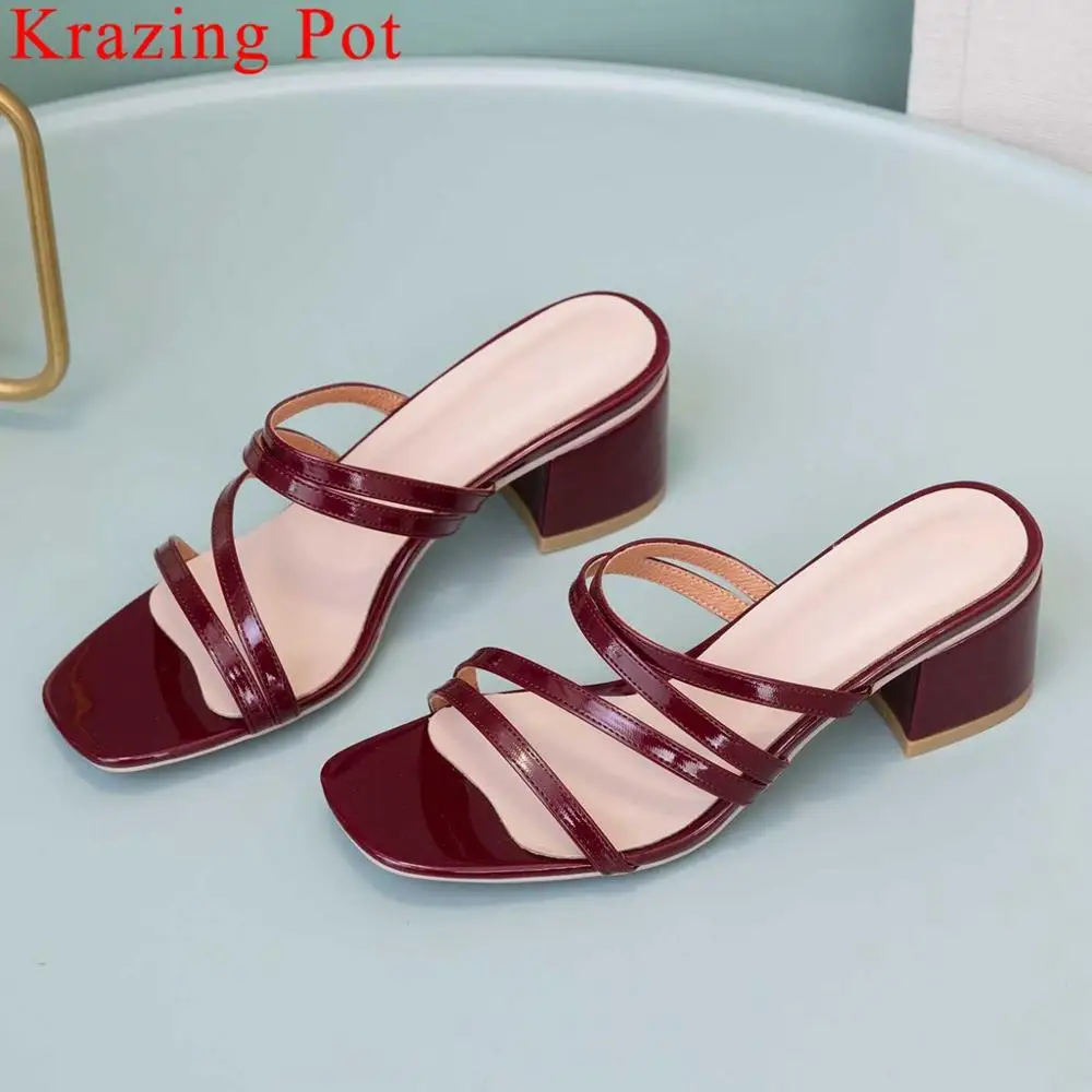 

Krazing Pot summer brand superstars med heels office lady slip on mules peep square toe solid runway vocation casual shoes L77