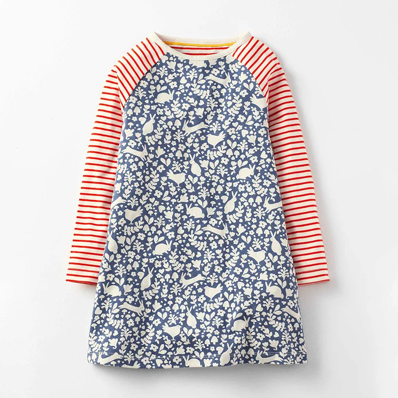 

Little Maven Spring Autumn New Full-Sleeved Blue Rabbits Printed Striped Dots O-neck 1-6yrs Knitted Cotton Girls Casual Dresses