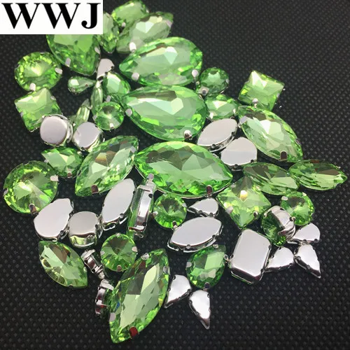 

Peridot Color Sew On Glass Fancy Stone with claw setting Navette,Teardrop,Rivoli,Oval,Square Shapes Sewing Crystals