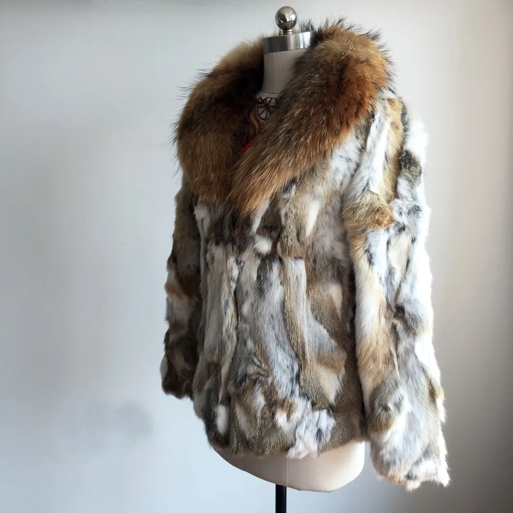 Новая мода низкая Скидка натуральный мех кролика пальто с роскошным воротником из натурального Лисьего меха с фабрики OEM KFP986
