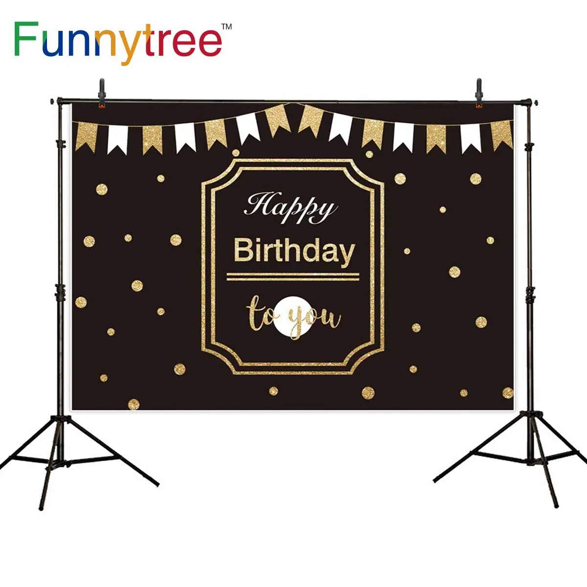 Фон Funnytree для фотосъемки на день рождения золотой баннер в горошек черный фон