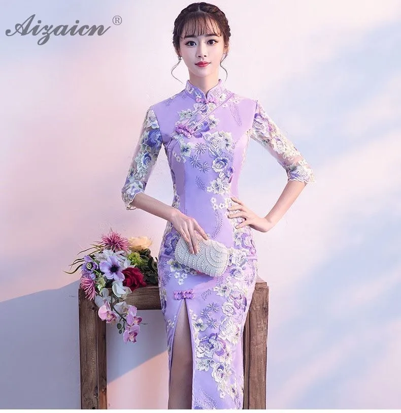 Фиолетовый Вышивка Cheongsam Длинные платья оригинальный Femme элегантный тонкий Qi Pao женское традиционное китайское платье халат Ципао