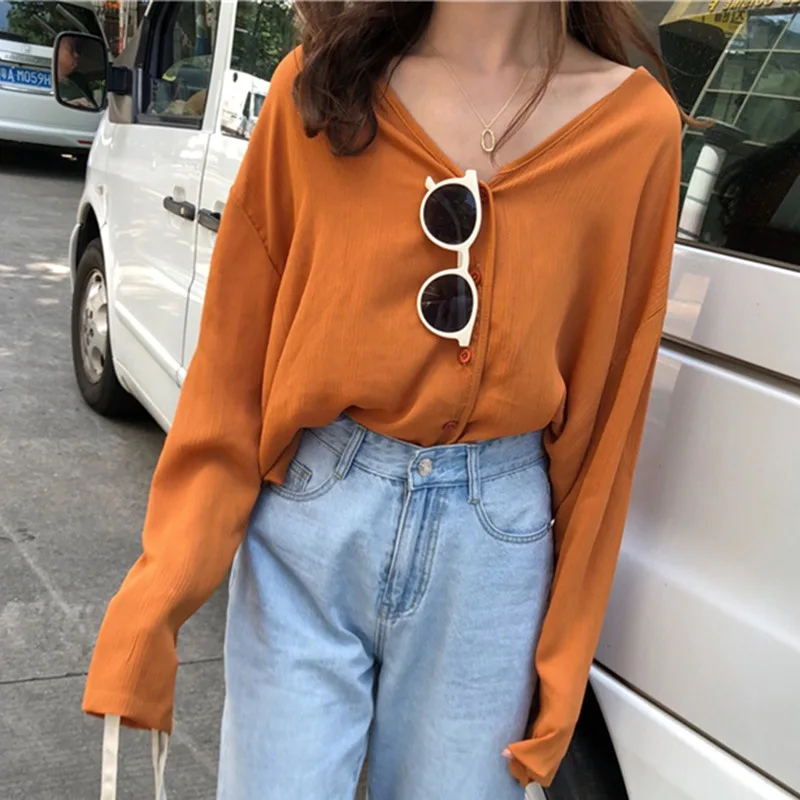 

2019 Ladies Spring Autumn Blouses Shirts Women V Neck Tops Long Sleeve Chiffon Blouse