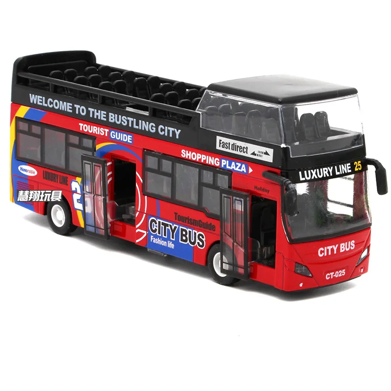 

18cm Macau Double Decker Tour Bus Model Alloy Light Music Pull Back Function 2 Open Door Touring Sightseeing Bus Model Toy Car