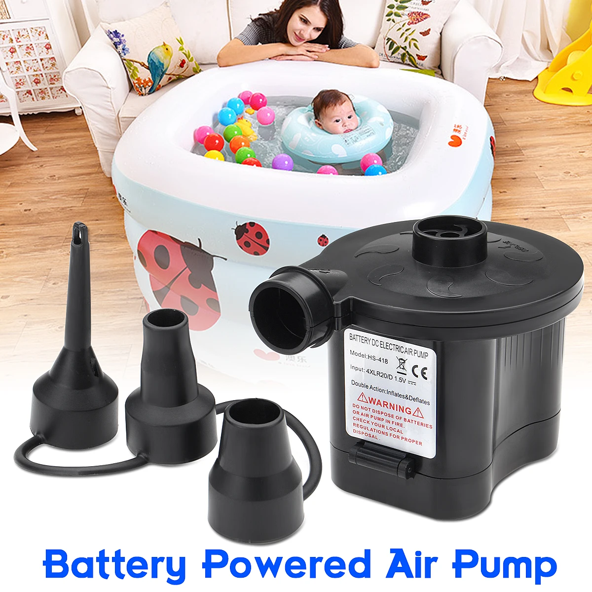 Buy 6V Portable Battery Powered Electric Air Pump Inflator with 3 Nozzles For
