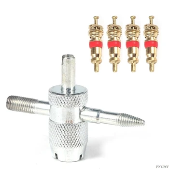 

car-styling 4 Way Car Bike Tyre Valve Repair Installer Tire Remover Tool and 4 Valve Stem Core New
