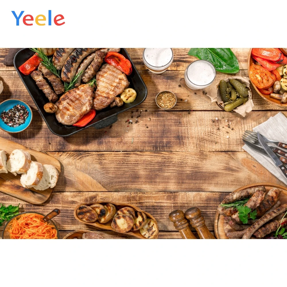 

Yeele Wooden Board Delicious Food Steak Milk Bread Dinner Kitchen Photography Background Photographic Backdrops for Photo Studio