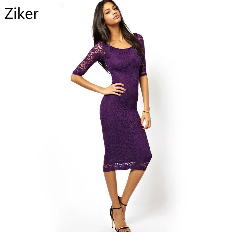 

Fashion Women Lace Bodycon Pencil Dresses Three Quarter Sleeve Solid Slim Dress Knee Length Casual Work Dress For Office Lady