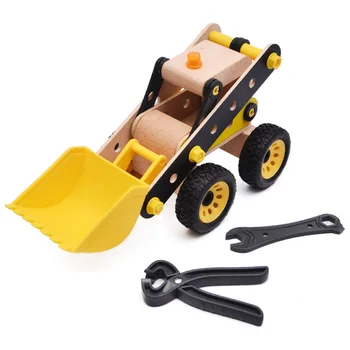 

Wood toy 3D puzzle Excavator Navvy Cartoon Car Model Wheel Can Push Creative Assembly Kids Busy Board Children educational toys