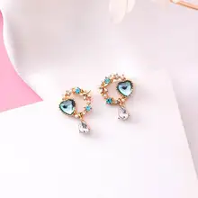 MENGJIQIAO Новое поступление корейский кристалл любовь сердце Висячие серьги для женщин милый бант венок Стразы длинные серьги