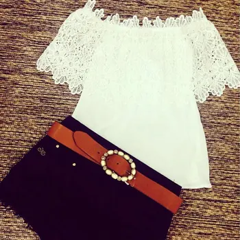 

Fashion Summer Chiffon Blouse Women Lace Crochet Off Shoulder Slash Neck Shirt Casual Tops