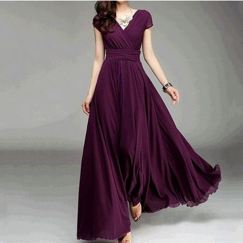 

V-neck Short-sleeved Bohemian Chiffon 5xl Dress Larger Version Fit and Flare Dress Ankle-Length Empire Waist Solid Color Dress