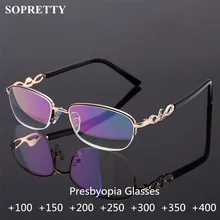Женские полуоправы, хрустальные очки для чтения, цветочные металлические очки для пресбиопии для женщин, покрытие синие очки с прозрачными линзами(R1668