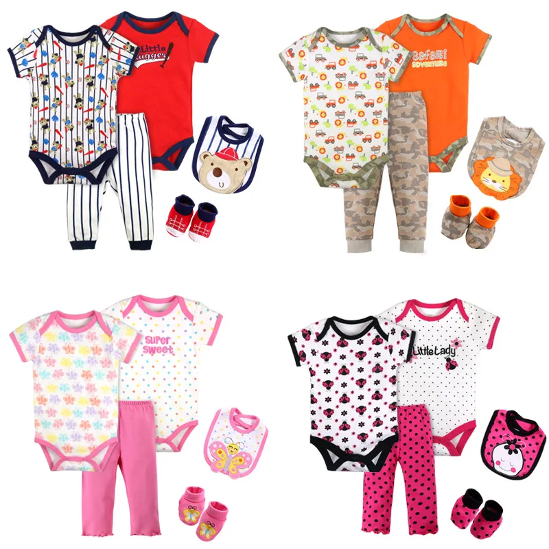 Summer baby romper 5pcs suit baby boy cotton short sleeve set baby girl PP pants saliva towel children clothes toddler leotard