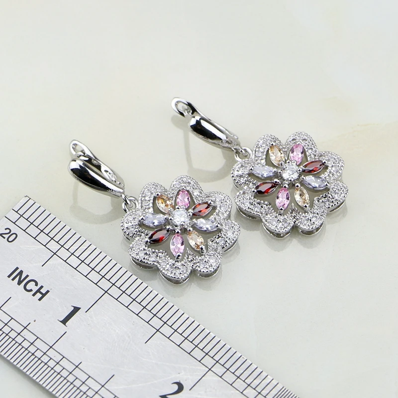 Beste Bloem Multicolor Zirkoon 925 Zilveren Sieraden Sets Voor Vrouwen Bruiloft Oorbellen Hanger Ring Armband Ketting Set