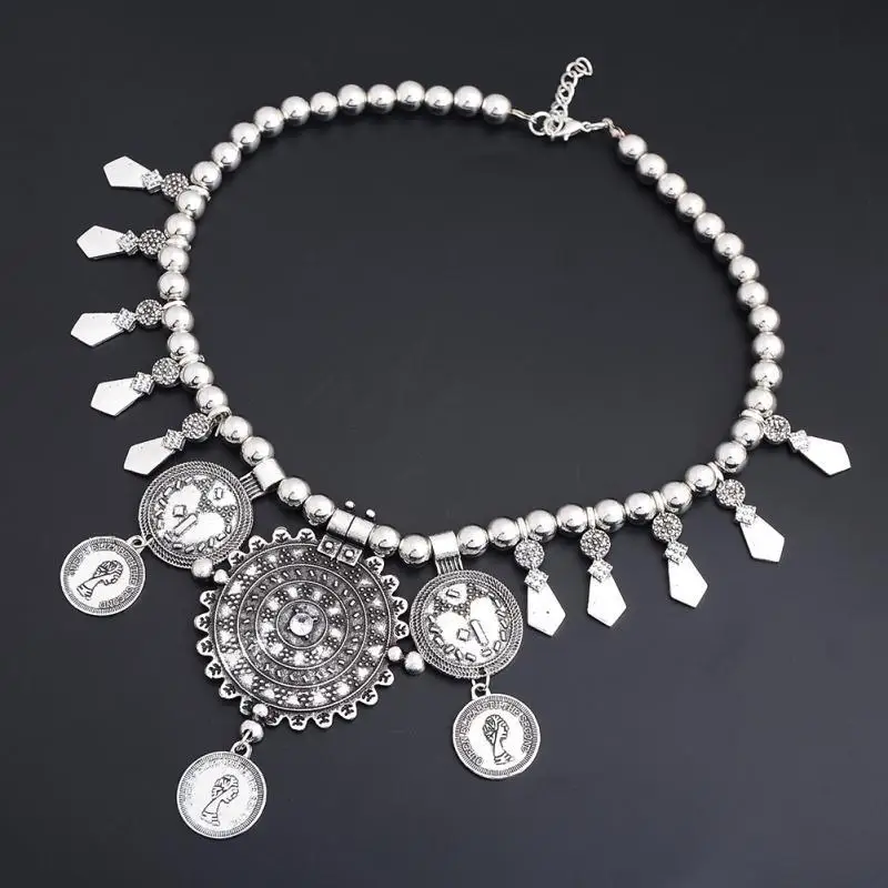 Vintage Antique Silver Coin Statement Necklaces Women Jewelry Retro