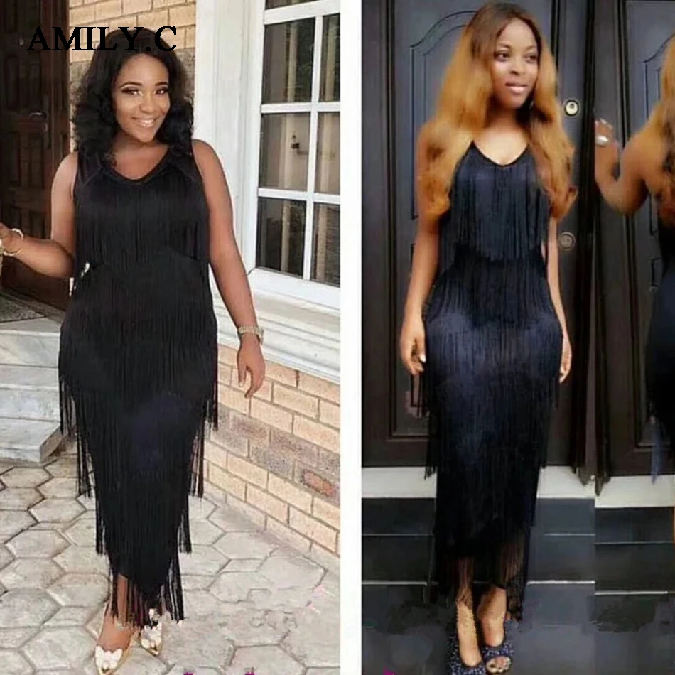 

Amily.c 2019 new black bandage dress long summer dress O-neck sleeveless fringed women's dress sexy club party dress tight dress