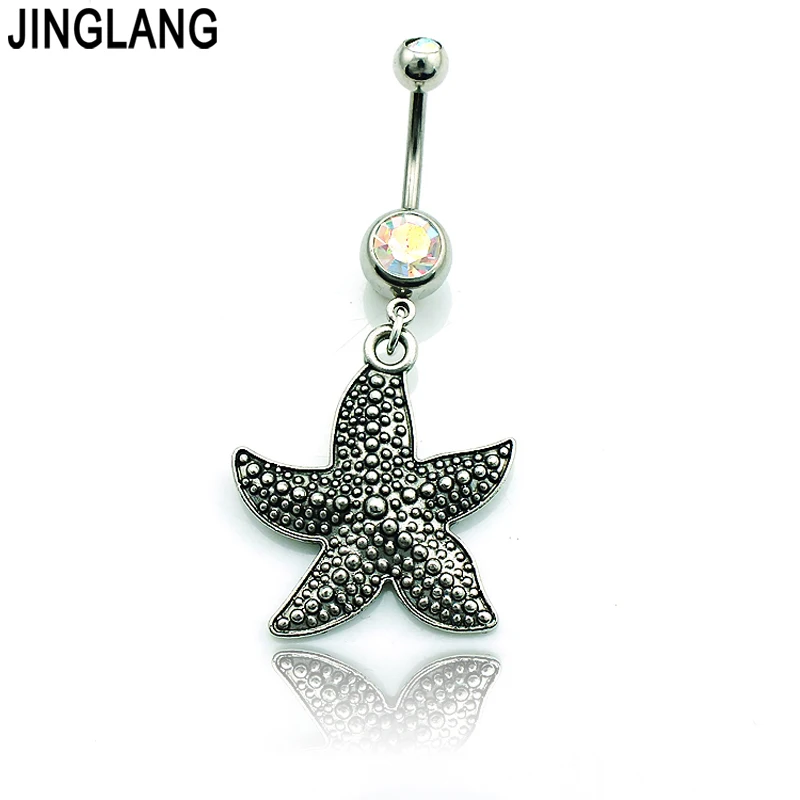 

JINGLANG 2017 New Belly Button Rings 316L Stainless Steel Barbell Dangle Retro Star Navel Piercing Jewelry