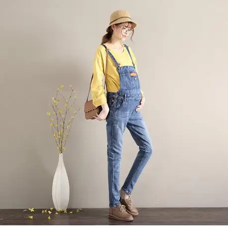

Summer Casual Maternity Overalls Jeans Adjustable Belly Pregnant Long Denim Pants Double Breasted Pregnancy Suspender Trousers