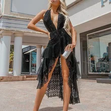 Vintage lace halter back sexy irregular summer dress Women v-neck backless holiday dress Elegant party beach dress Vintage lace halter back sexy irregular summer dress Women v-neck backless holiday dress Elegant party beach dress