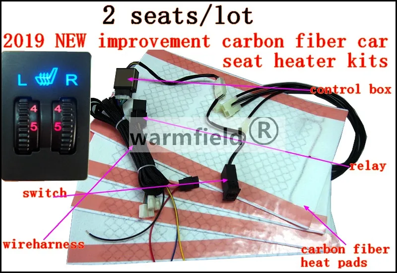 2 места/партия,, Новое улучшение, комплекты подогревателей сидений из углеродного волокна с двойным циферблатом, переключатель пяти позиций