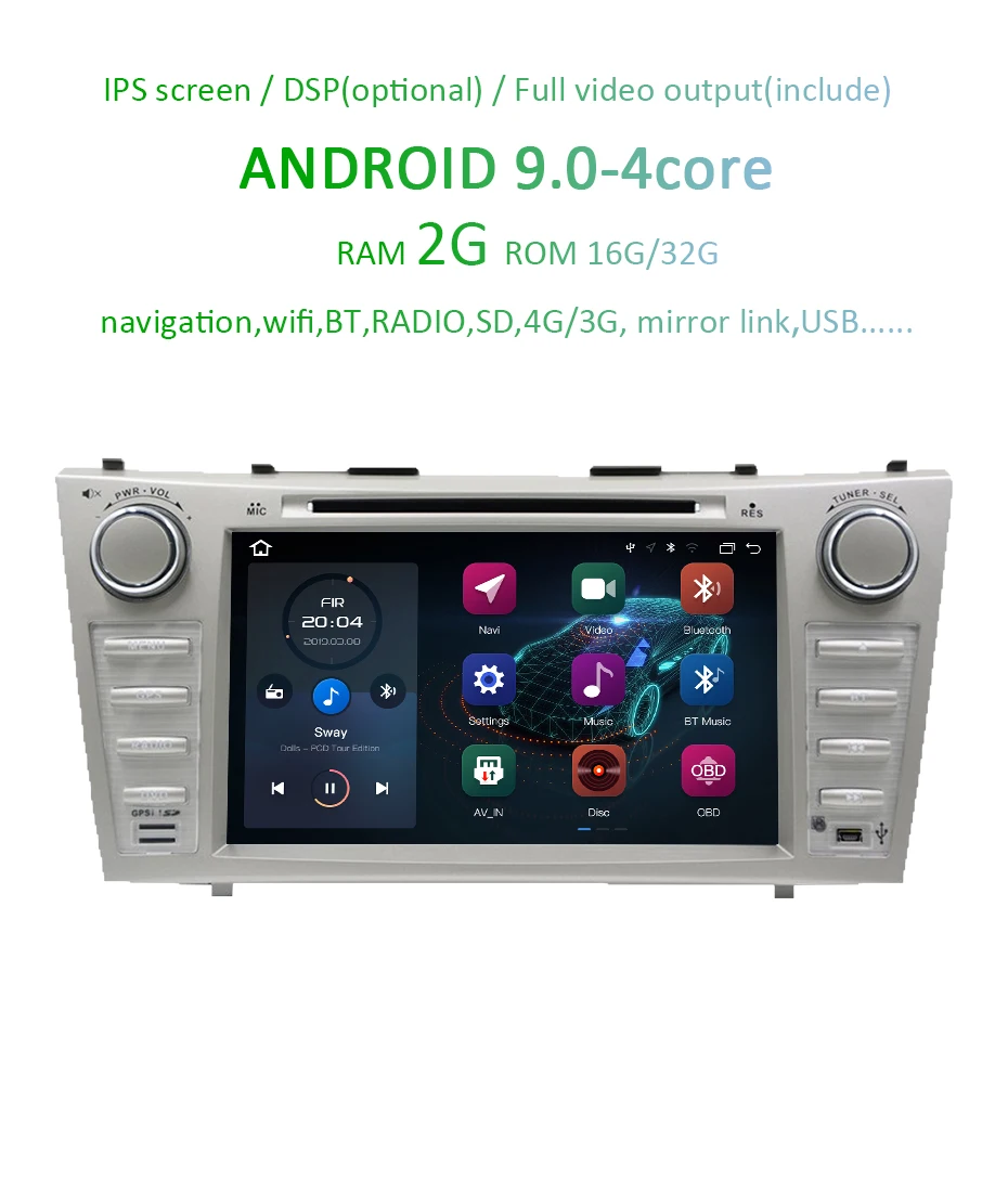 Sale DSP IPS Android 9.0 4G 64G AV Output 2 DIN DVD PLAYER For Toyota Camry 2007 2008 2009 2010 GPS Radio Stereo Navigation Screen PC 2