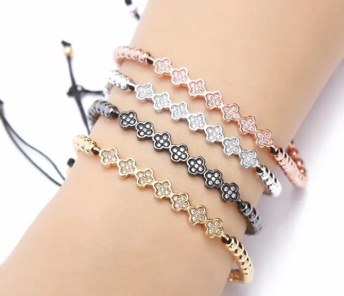 

gold silver micro pave cz Cubic Zirconia rope adjusted Copper Beads Bracelet df3se clover Charm Braided Bangles Women
